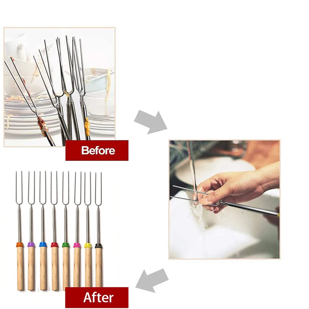 Marshmallow Roast with Wooden Handle Retractable Fork Set 32 Inch Retractable Marshmallow Skewer Campfire Grill Tool