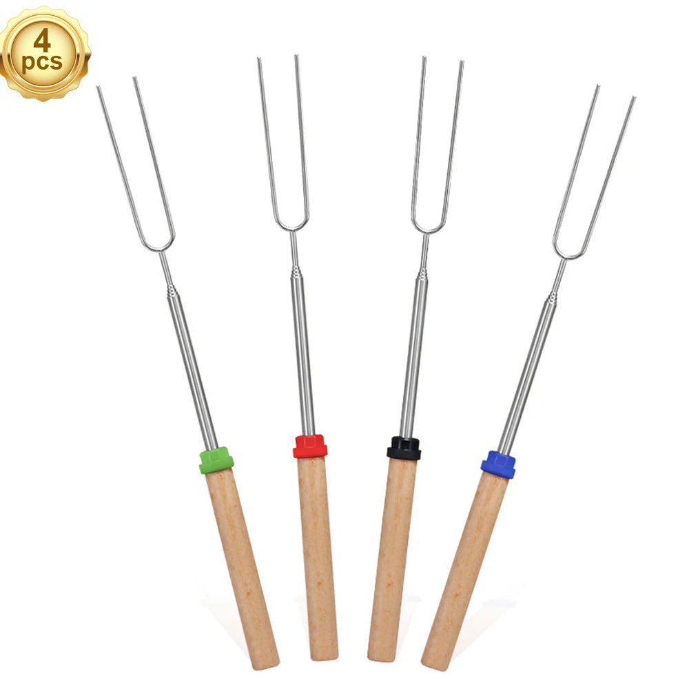 Marshmallow Roast with Wooden Handle Retractable Fork Set 32 Inch Retractable Marshmallow Skewer Campfire Grill Tool