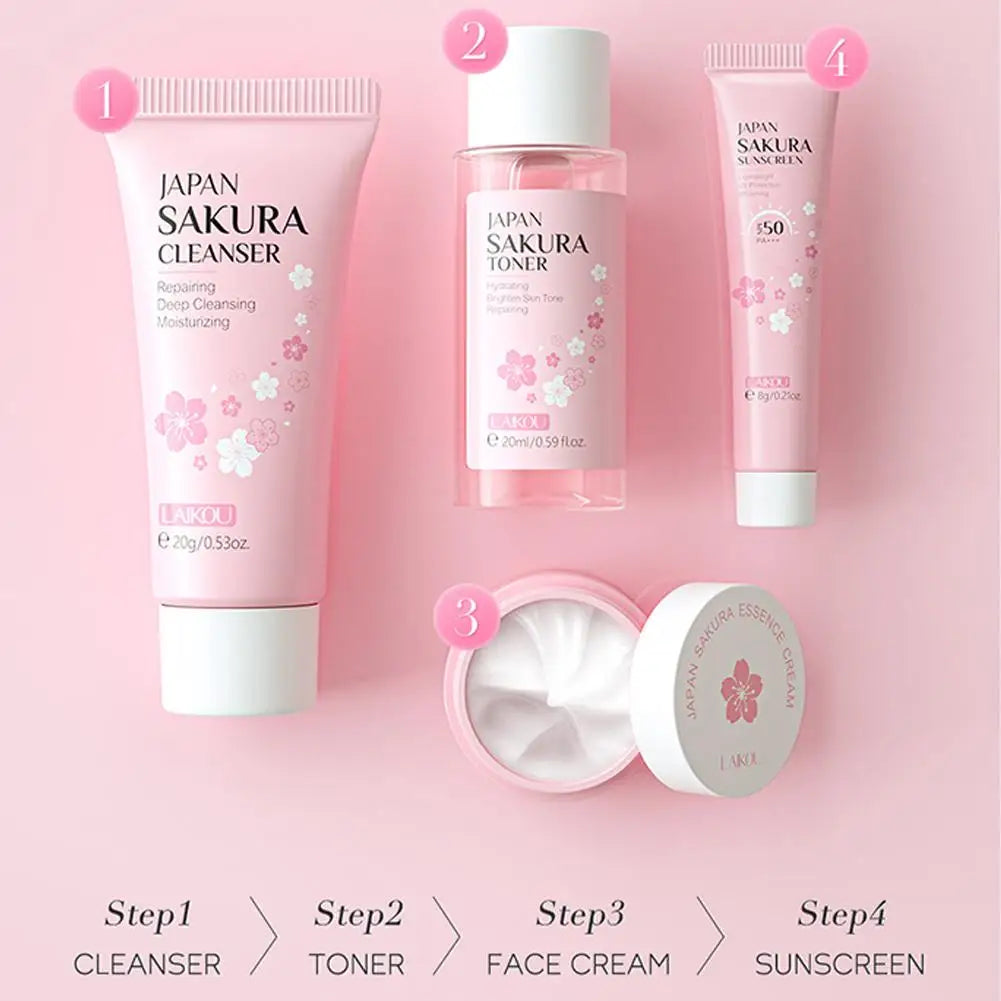 4pcs/Bag Sakura Skin Care Sets Facial Cleanser Face Face Toner Sunscreen Products Care Moisturizing Smoothing Nourishing