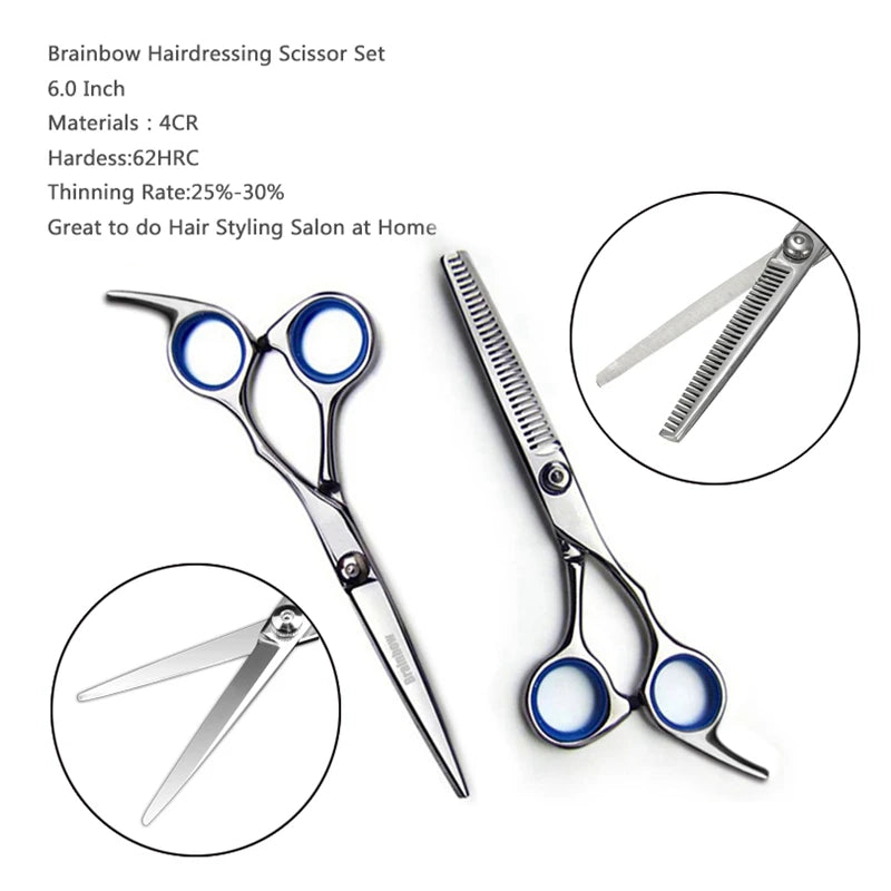 Brainbow 6 inch Cutting Thinning  Styling Tool Hair Scissors Stainless Steel Salon Hairdressing Shears Regular Flat Teeth Blades