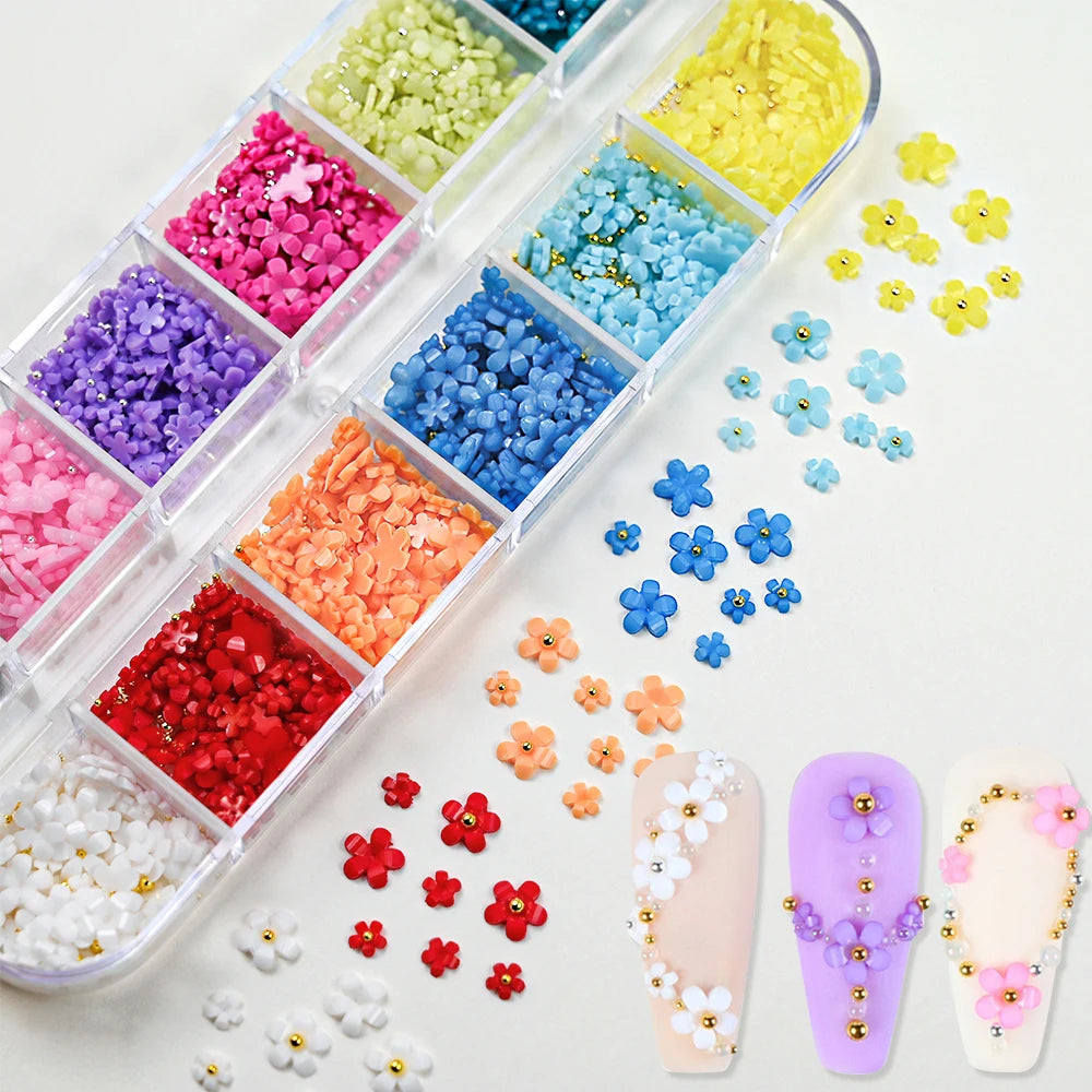 3D Acrylic Flower Nail Art Decorations Gold Silver Caviar Beads Nails Charms Mixed Resin Petal Blossom Nail Accessories DIY Nail