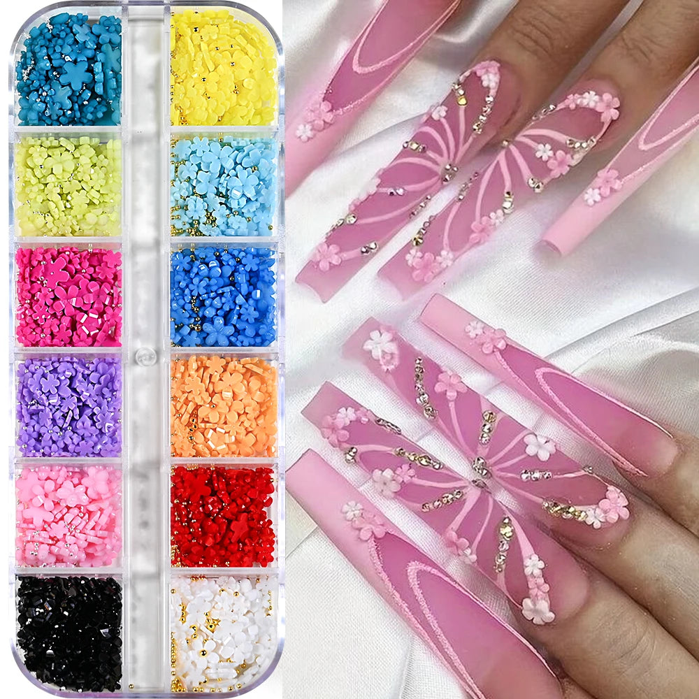 3D Acrylic Flower Nail Art Decorations Gold Silver Caviar Beads Nails Charms Mixed Resin Petal Blossom Nail Accessories DIY Nail