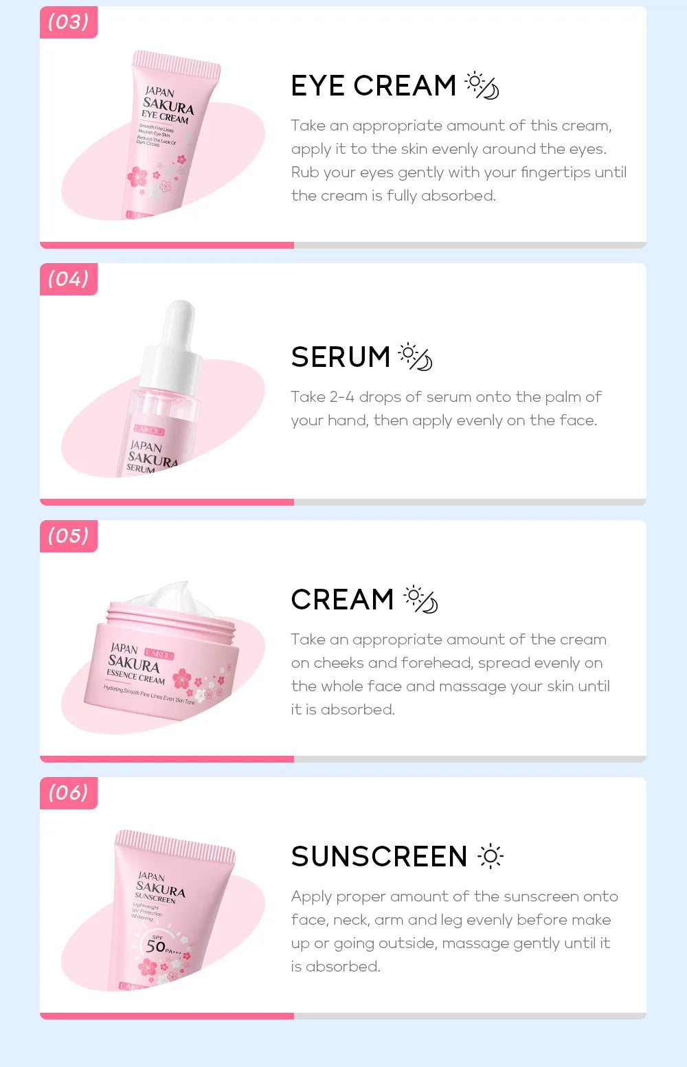 New 6pcs/Set LAIKOU Sakura Skin Care Sets Face Cream Serum Toner Facial Cleanser Sunscreen Eye Cream Face Skin Care Products