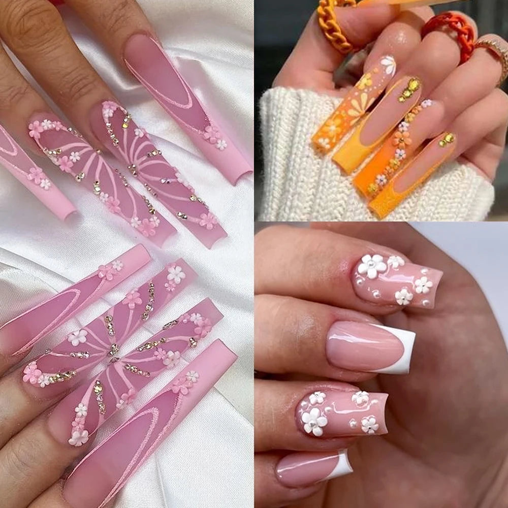 3D Acrylic Flower Nail Art Decorations Gold Silver Caviar Beads Nails Charms Mixed Resin Petal Blossom Nail Accessories DIY Nail