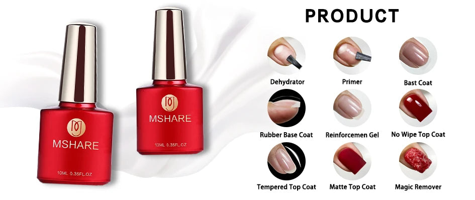 MSHARE 10ml Base Coat  Top Gel Clear Construction Dehydrator Primer Reinforce Soak Off Nails Gels UV LED Glue
