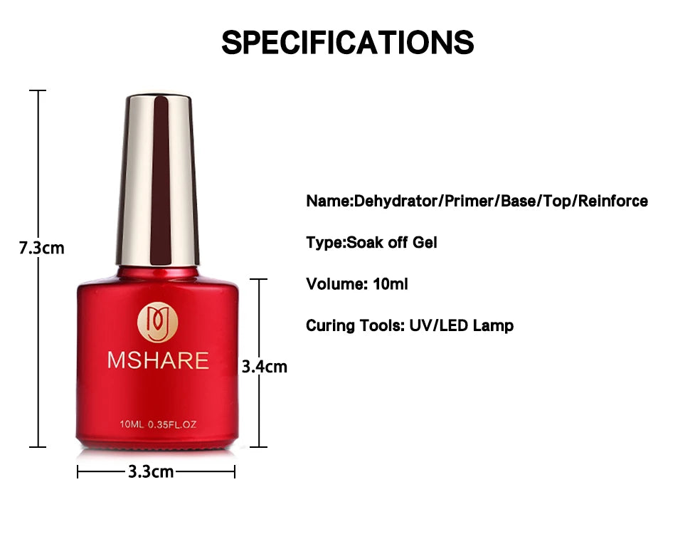 MSHARE 10ml Base Coat  Top Gel Clear Construction Dehydrator Primer Reinforce Soak Off Nails Gels UV LED Glue