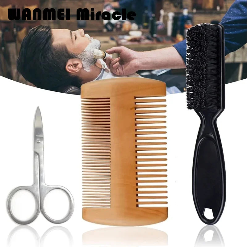 3pcs Professional Beard Shaving Kits Soft Beard Brush Hairdresser Shaving Comb Trimming Scissor Set for Men's Mustache