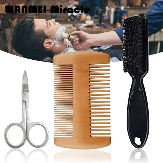 3pcs Professional Beard Shaving Kits Soft Beard Brush Hairdresser Shaving Comb Trimming Scissor Set for Men's Mustache