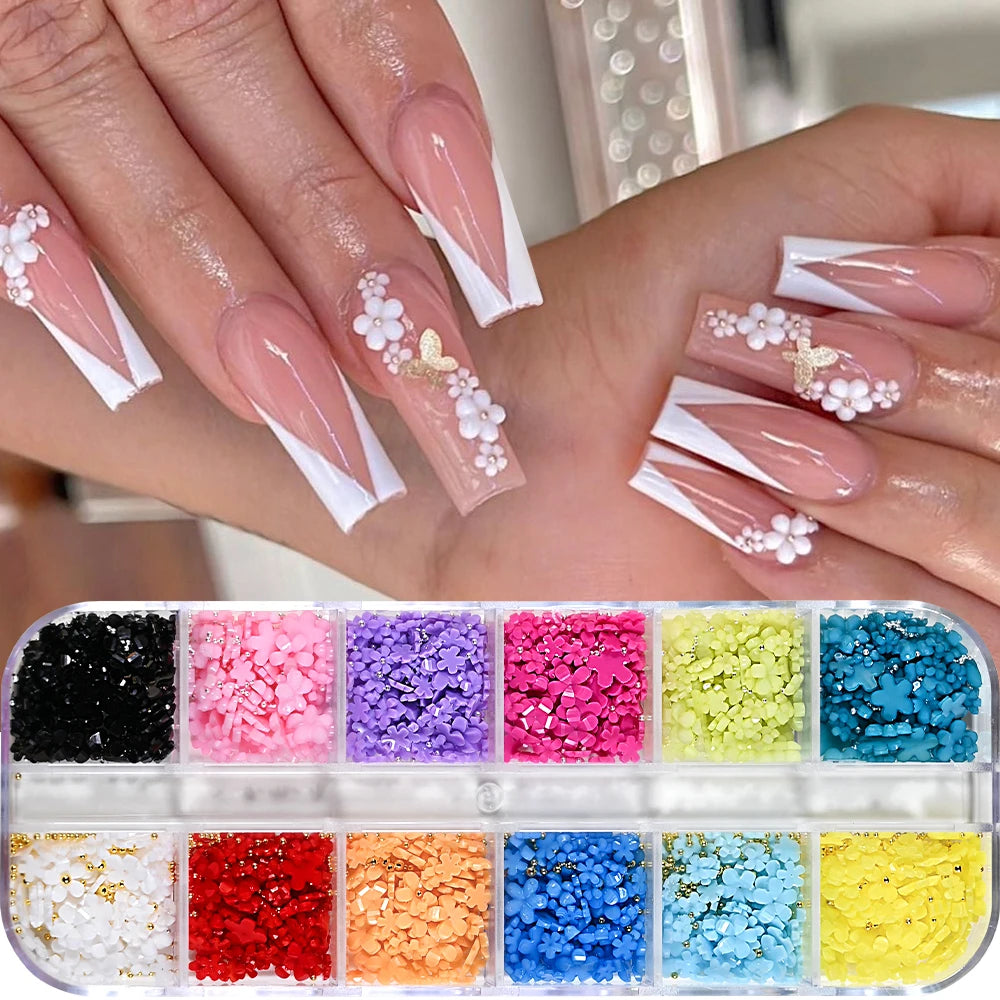 3D Acrylic Flower Nail Art Decorations Gold Silver Caviar Beads Nails Charms Mixed Resin Petal Blossom Nail Accessories DIY Nail