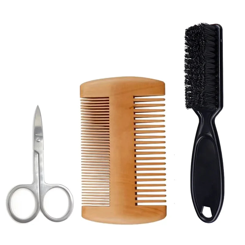 3pcs Professional Beard Shaving Kits Soft Beard Brush Hairdresser Shaving Comb Trimming Scissor Set for Men's Mustache