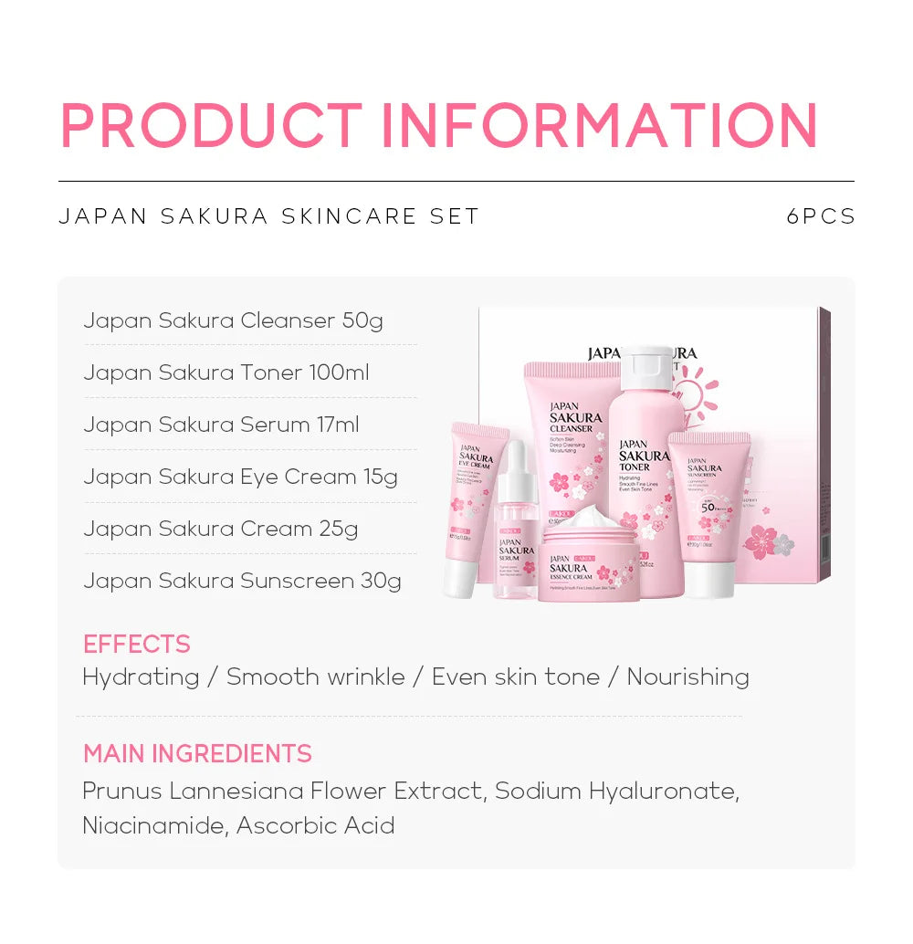 New 6pcs/Set LAIKOU Sakura Skin Care Sets Face Cream Serum Toner Facial Cleanser Sunscreen Eye Cream Face Skin Care Products