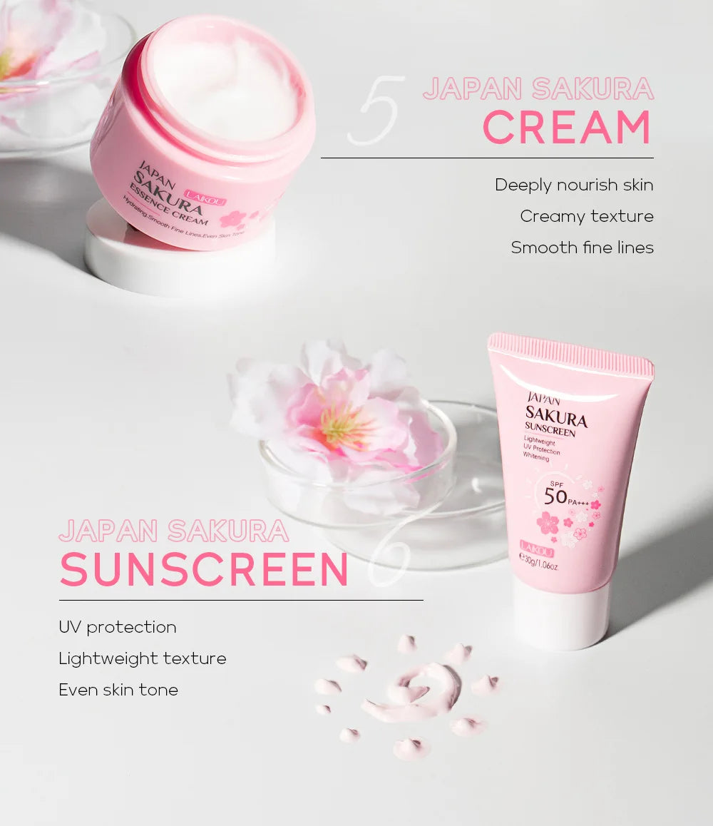 New 6pcs/Set LAIKOU Sakura Skin Care Sets Face Cream Serum Toner Facial Cleanser Sunscreen Eye Cream Face Skin Care Products