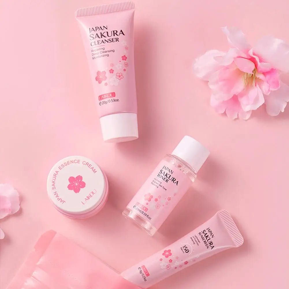 4pcs/Bag Sakura Skin Care Sets Facial Cleanser Cream Face Toner Sunscreen Products Moisturizing Smoothing Nourishing Travel Kit