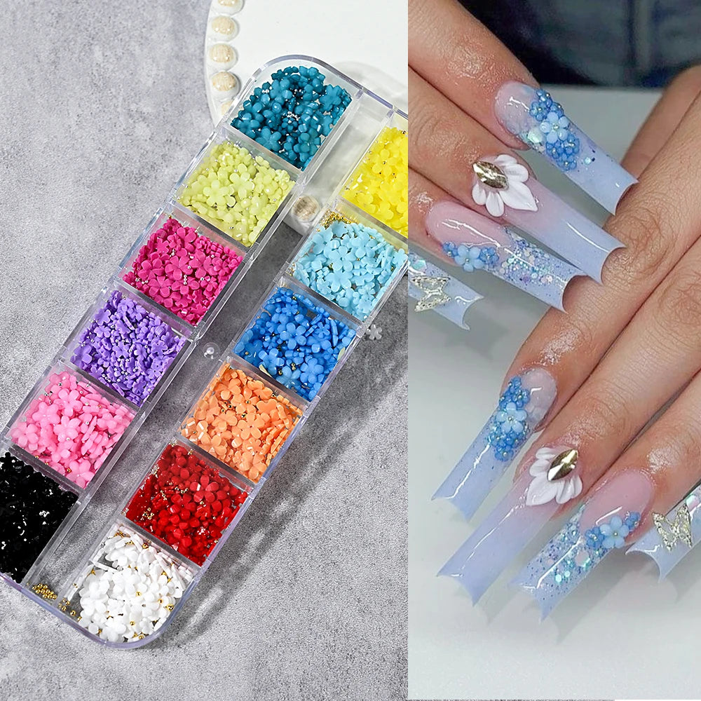 3D Acrylic Flower Nail Art Decorations Gold Silver Caviar Beads Nails Charms Mixed Resin Petal Blossom Nail Accessories DIY Nail