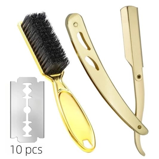 Barbers Manual Razor Beard Brush Set  Men Straight Edge Depilation Razor Salon Haircut Beard Eyebrow Shaving Tools with 10 Blade