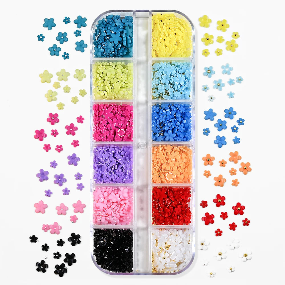3D Acrylic Flower Nail Art Decorations Gold Silver Caviar Beads Nails Charms Mixed Resin Petal Blossom Nail Accessories DIY Nail